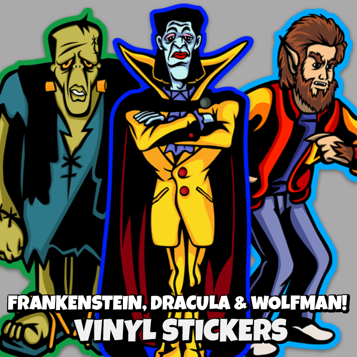Frankenstein, Dracula and Wolfman Stickers! Retro Cartoon Horror Halloween Art! – Frankenstein, Dracula and Wolfman Stickers! Retro Cartoon Horror Halloween Art! –